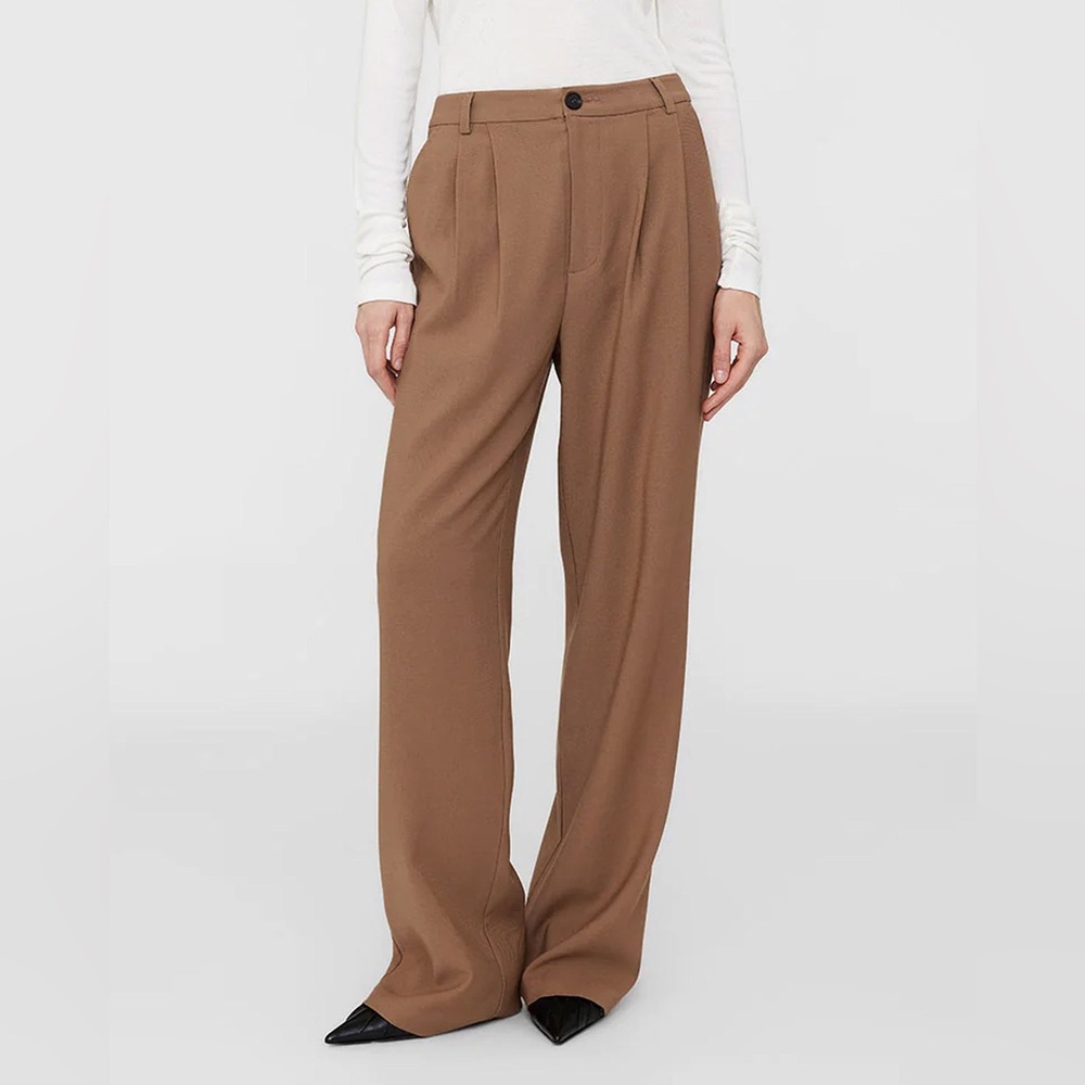 New Anine Bing Carrie Pant Wool Blend Pleat‎ Front Twill Trouser Camel Brown 40